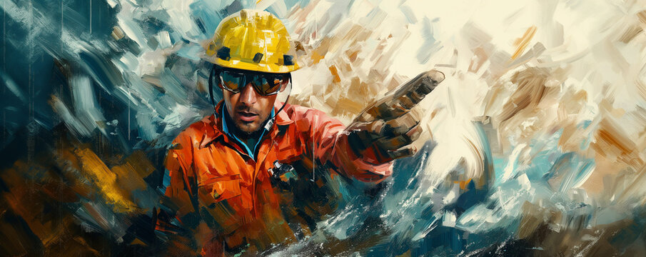 A man in a construction uniform and helmet taps his finger toward the viewer