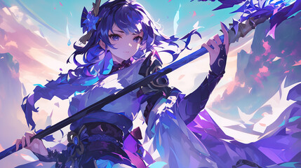 Anime woman warrior portrait in fantasy world holding a long spear
