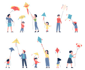 People and flying kite. Adults and children playing with kites on air. Happy seasonal time outdoor, flying kites season. Wind toys recent vector set