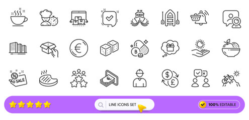 People voting, Sun protection and Dice line icons for web app. Pack of Boat, Engineer, Gift dream pictogram icons. Sale, Video conference, Currency exchange signs. Online storage, Cash, Chef. Vector