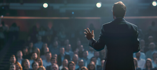 A business speaker stands in front of an audience, presenting their ideas at corporate conferences or town hall meetings.