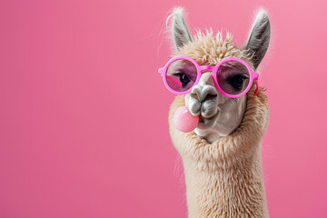 A llama wearing sunglasses and pink glasses is blowing a bubble, generative ai image.