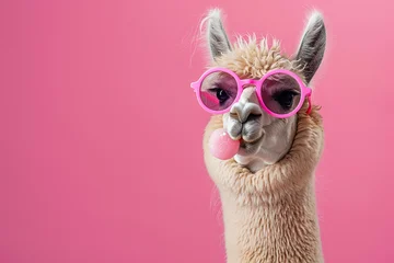 A llama wearing sunglasses and pink glasses is blowing a bubble, generative ai image.
