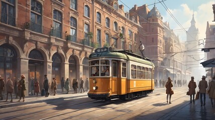 tram station in the old part of the city with passers-by and passengers