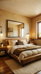 In a cozy, minimalist bedroom, a large bed with beige linens is the focal point.