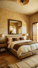 In a cozy, minimalist bedroom, a large bed with beige linens is the focal point.