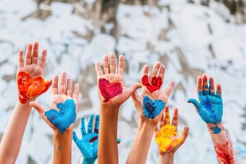 Colorful children's hands painted with hearts raised against an abstract background. Concepts of creativity, teamwork, and childhood joy.