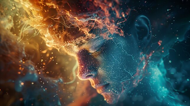 Abstract digital art of a human face intertwined with colorful cosmic elements, merging technology with imagination in a mesmerizing visual fusion.