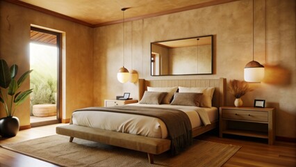 In a cozy, minimalist bedroom, a large bed with beige linens is the focal point.
