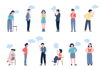 People smoking. Adults teenagers smoke cigarettes, e-cigs, tobacco. Men women smokers, unhealthy addiction, vapes and digital cigarette recent vector set