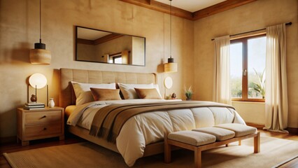 In a cozy, minimalist bedroom, a large bed with beige linens is the focal point.