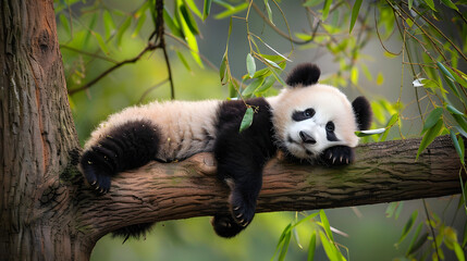 Fototapeta premium A giant panda peacefully sleeps on a tree branch surrounded by lush green foliage in a forest setting. Captures the serene beauty and natural habitat of this endangered species.