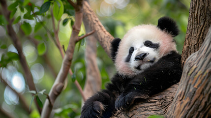 Obraz premium A giant panda rests comfortably in a tree, surrounded by lush green foliage in its natural forest habitat. This image highlights the serene and peaceful life of this endangered species.