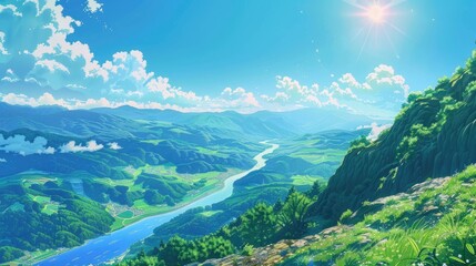Obraz premium Anime landscape with serene, deep green mountains, lighter valleys, and a sparkling river under the bright sun