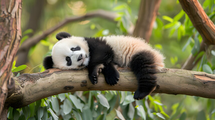 Obraz premium A giant panda sleeps comfortably on a tree branch in a leafy forest, surrounded by lush greenery. This image highlights the peaceful and natural environment of this lovable endangered species.
