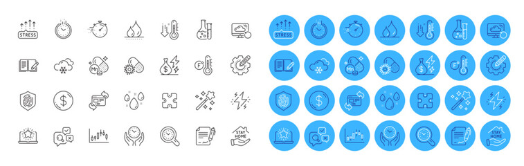 Waterproof, Settings gear and Magic wand line icons pack. Signing document, Manganese mineral, Refresh website web icon. Snow weather, Puzzle, Rainy weather pictogram. Chemistry lab. Vector