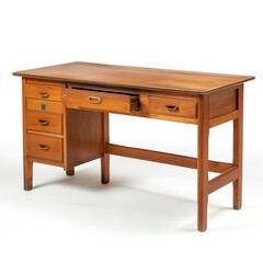 A stylish wooden desk featuring multiple drawers, perfect for home office or study workspace.