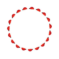 Fototapeta premium watercolor ladybug, sketch of cartoon red insect, cute funny ladybird, round wreath of flying insect on white background, illustration for children room decoration