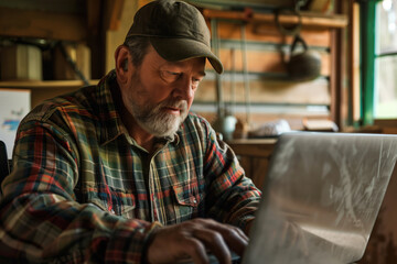 Senior man in a flannel shirt working on a laptop in a rustic cabin interior. Concepts of remote work, senior technology use and rustic lifestyles.