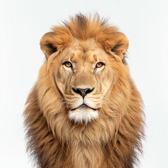Obraz premium Majestic lion portrait against a clean backdrop, showcasing remarkable detail and strength in its expression and mane.
