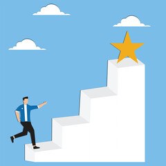 Obraz premium Journey to achieve hope of success in business, hope of career development progress, growing journey to achieve business success, businessman running up stairs to reach star