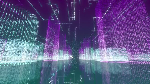 Futuristic City Camera Passing Through. Digital City Animation. Technology. 4K
