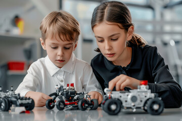 Innovation and Creativity Enthusiastic Children Engaged in Robotics Building Activity Embracing STEM Education and Teamwork in a Bright Classroom Environment wallpaper, background 