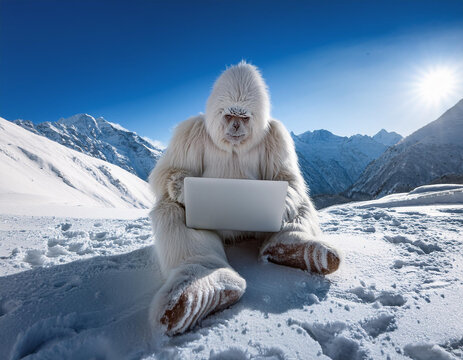 Yeti Working Remotely With Laptop in the Himalayas Surfing Internet