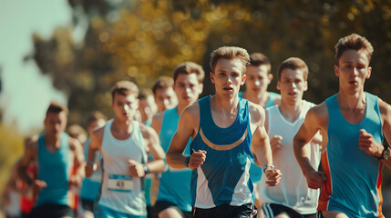 A group of young runners competes in a marathon race, demonstrating their energy and determination. The image captures the dynamic spirit and focus of the athletes as they navigate the course.