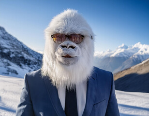 Businessman Yeti in the Himalayas Mysterious Cryptozoology Legend Trekking Through Snowy Mountains