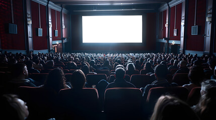 Obraz premium A crowded movie theater with a large audience watching a film on the big screen. The image captures the communal experience and excitement of cinema, with rows of seats filled with engaged viewers.