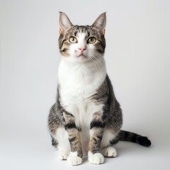 A striking tabby cat with captivating eyes, sitting gracefully against a neutral background, showcasing its elegant posture.