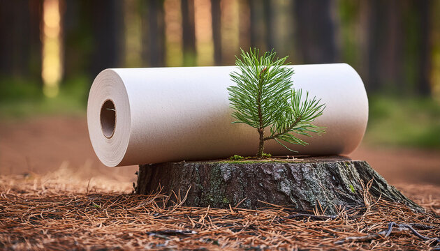 ESG logging and Circular Economy Concept: Paper Roll on Tree Stump with Pine Seedling Growing from the Cut Stump