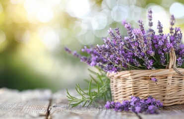 Lavender Flowers in a Basket on a Wooden Table