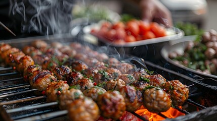Naklejka premium Sizzling Skewers: A Feast of Grilled Meat and Fresh Ingredients