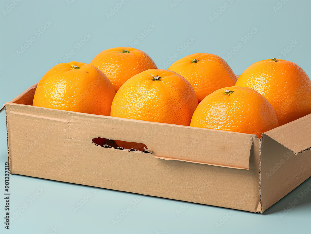 Wall mural fresh, ripe oranges in a cardboard crate.