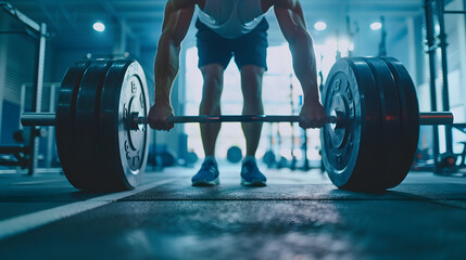 A man prepares to lift a heavy barbell in a gym, showcasing his strength and determination. The image captures the intensity and focus required for weightlifting.