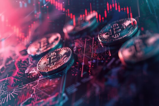 Close-up of Bitcoin on a digital financial graph, depicting cryptocurrency market analysis and blockchain technology trends.