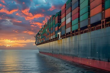Naklejka premium Majestic Container Ship at Sunset Over Calm Waters