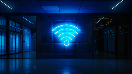 In an empty office at night, a blue Wi-Fi icon gleams on the wall. This modern symbol of technology represents the fast internet connection necessary for effective work and communication.