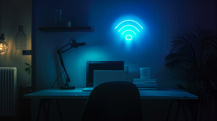 In an empty office at night, a blue Wi-Fi icon gleams on the wall. This modern symbol of technology represents the fast internet connection necessary for effective work and communication.