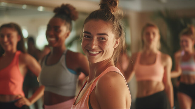 Smiling woman in a fitness class during an evening workout