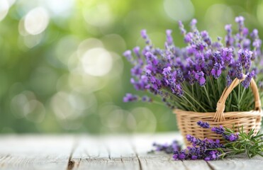 Lavender Flowers in a Basket on a Wooden Table