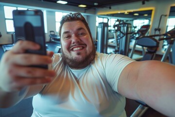 Active lifestyle, loosing weight, getting fit. Happy obese overweight man making selfie at the gym
