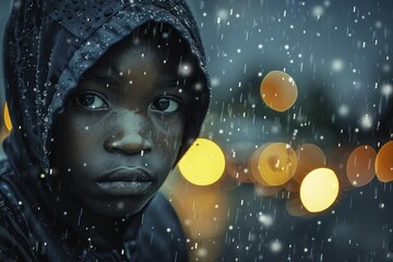 African poverty and suffering conceptual youth portrait image with homeless children in the rain blurred background