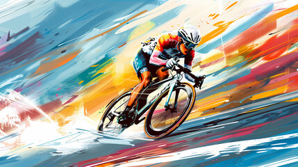 Naklejka premium Dynamic illustration of a cyclist in motion, racing against a vibrant color background