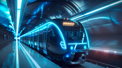 A futuristic train in bright neon blue races at impressive speeds through a modern metro station on the underground rail system.
