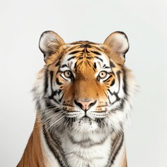 Obraz premium A stunning close-up of a tiger's face showcasing intricate stripes and captivating eyes against a plain background.
