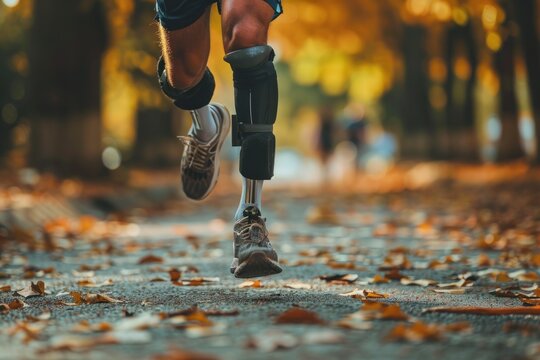 Athlete man with prosthetic leg participates in a marathon. Disabled athlete man with artificial leg. Paralympic