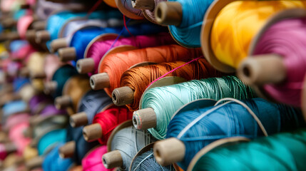 A colorful display of thread spools neatly arranged on a shelf, featuring a wide range of hues and textures for various sewing and crafting needs.